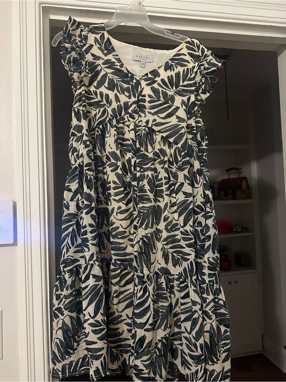 Nautical Leaf-Print Ruffled Midi Dress in Navy and White